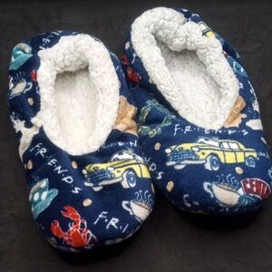 Blue and White Cozy Friends Themed Slippers with Plush Lining